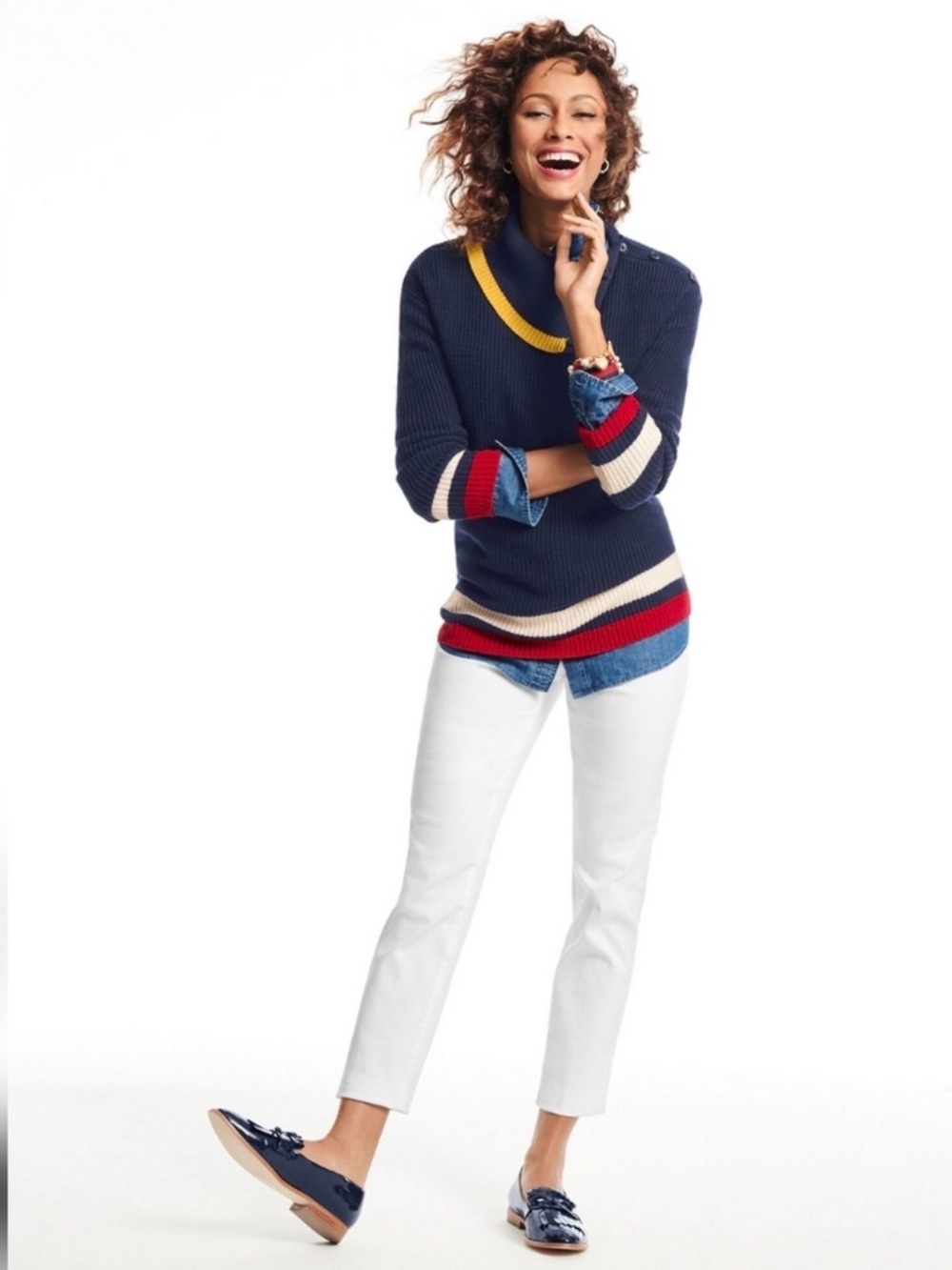 Talbots Petite MP Navy Colorblock Button Neck Cotton Sweater Tunic - Picture 9 of 9